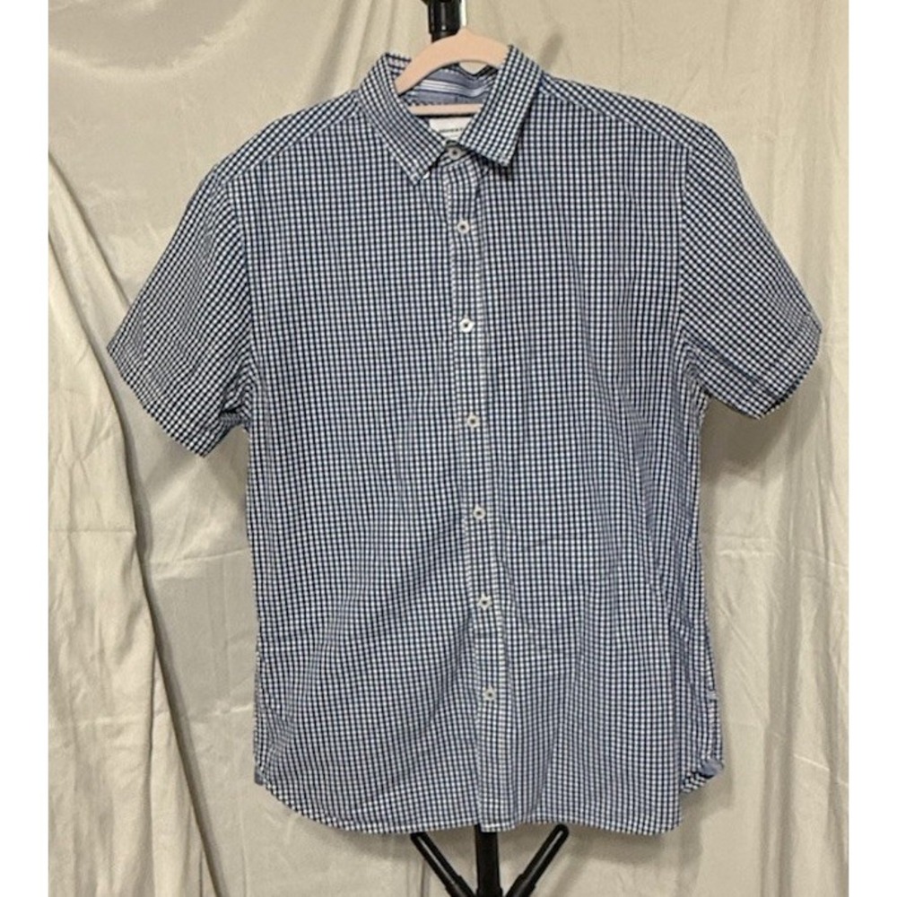 Denim & Flower Men Button Down Short Sleeve Dress Shirt Blue &White Gingham